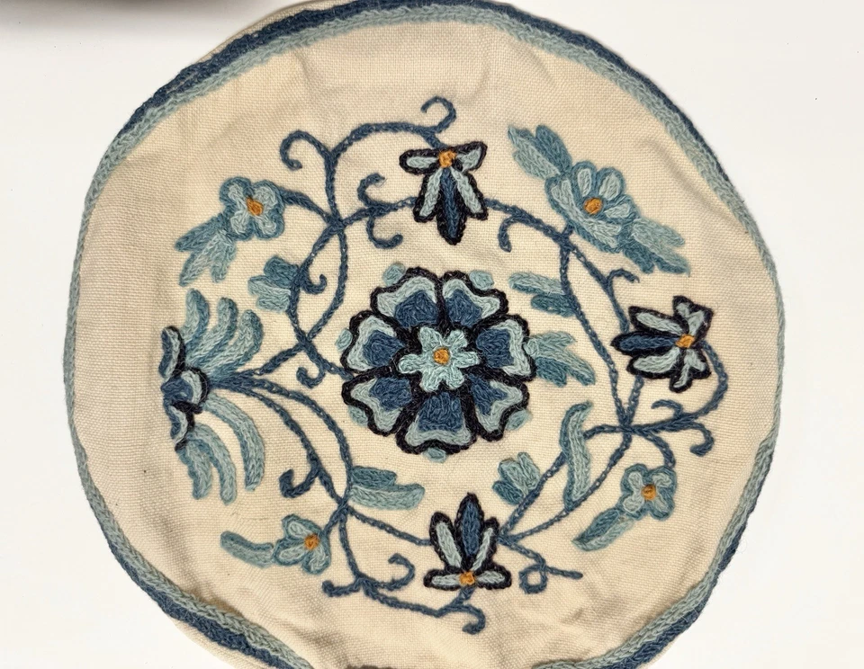 Vintage Floral Needlepoint Pillow Cover 12 In Round Circular MCM Blue Folk Art - Image 2 of 4