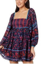Free People Endless Afternoon Midnight Floral Balloon Sleeve Mini Dress Sz Small