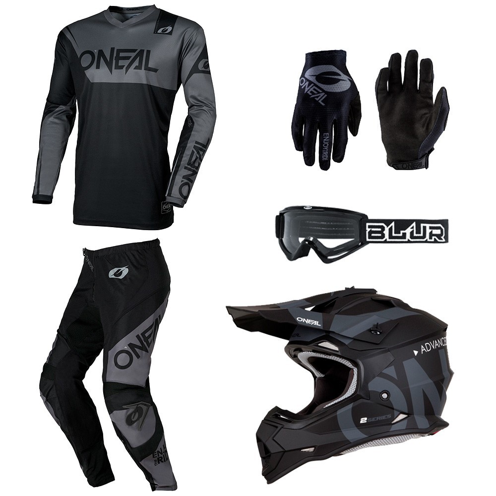 O&apos;Neal Element Racewear Gray motocross gear Jersey Pants Gloves Helmet combo