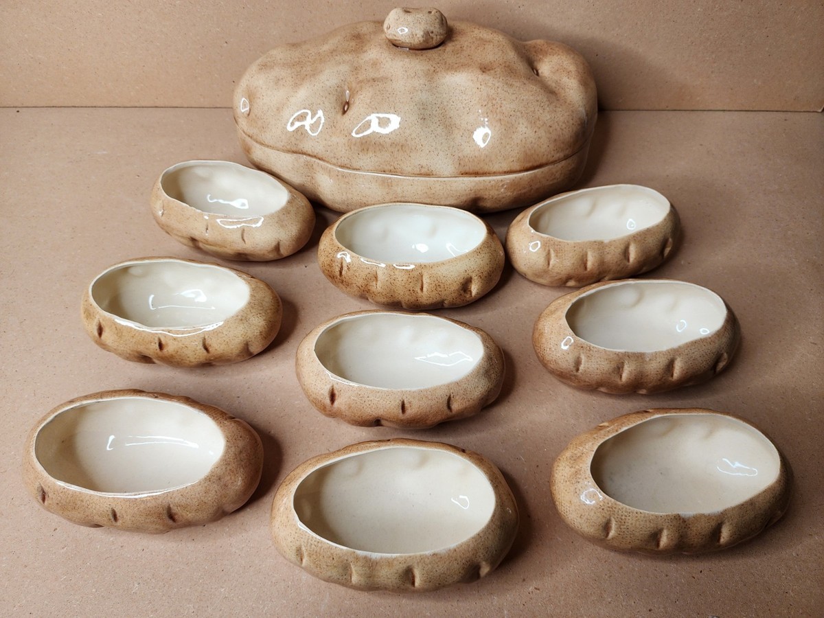 Vintage 1980s Ceramic Hand Painted Potato Soup Tureen 9 Potato Bowls