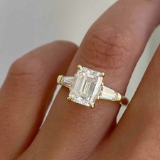 Moissanite 3 Stone Engagement Ring 2.5 Ct Emerald Cut 14K Yellow Gold Plated