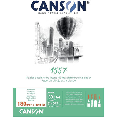 CANSON 1557 180Gsm A4 weiß Zeichenpapier Block, helle Maserung, kurze Seite geklebt, 30