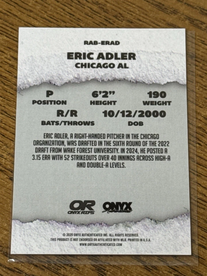 Eric Adler 2025 Onyx Onyx Rips Auto Autograph #RAB-ERAD -White Sox - Image 2 of 2