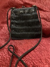 Black Beaded Evening Bag Purse Cord Strap Kiss Clasp. M 10