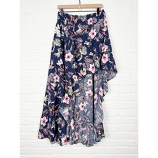 BTFBM Floral High Low Maxi Skirt Navy Pink Tropical Tiered Ruffle NWT L