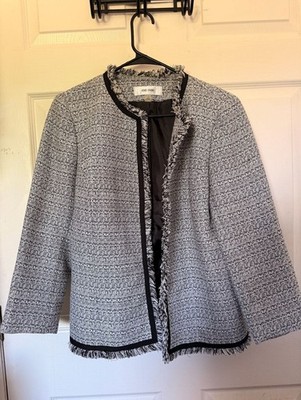 Jones Studio Black and White Tweed Open-Front Fringe Trim Blazer Jacket