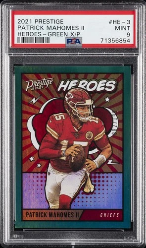 2021 PANINI PRESTIGE HEROES GREEN XTRA POINTS PATRICK MAHOMES II 82/199 PSA 9