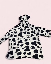 Cow Print Fleece Hooded Lounge Set with Animal Ears  Kangaroo Pocket for Women