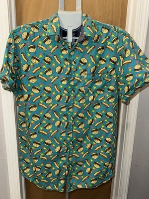 GOOD VIBES Men Slim Fit Graphic Hamburgers & Hotdogs BBQ shirt, Button Up Sz L