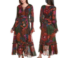 Farm Rio Bird Flowers Long Sleeve Maxi Dress  Size XS | NWOT