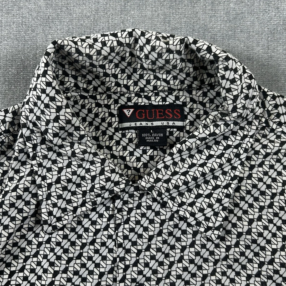 Camisa Guess Para Hombre Grande Negra Blanca Geométrica Manga Larga Abotonada con Bolsillo