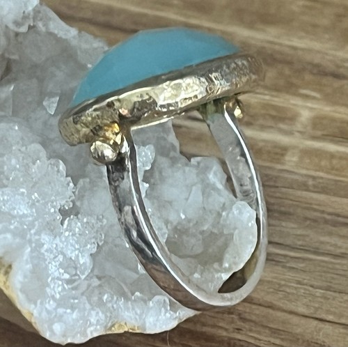 Treisi Oval Blue Chalcedony Ring 24K Gold Veiled Stone Sterling Silver Band- New - Picture 15 of 24