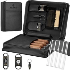 Portable Leather Cigar Humidor Case with Accessories Gift Set (Black)