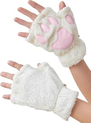 Cat Paws Gloves Fingerless Bear Furry Paw Cute Hand Gear One Size, White 