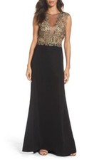 TADASHI SHOJI EMBROIDERED MESH CREPE BLACK/GOLD GOWN DRESS sz 10