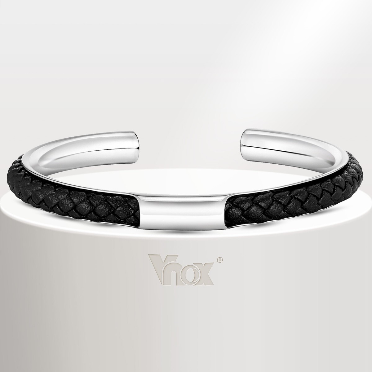 VNOX Luxury Mens Bangle,Black PU Leather Cuff Bracelets,Adjustable