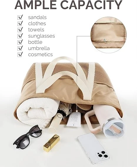 Bolso de Playa Grande Impermeable Plegable a Prueba de Arena para Mujer con Cremallera Malla P Foto 2 de 4