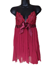 Victoria Secret Medium Red Lace Satin Bow Chemise Babydoll Nightgown Pleated