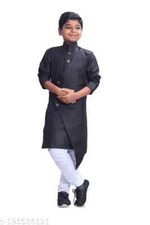 Indian Bollywood New Kids Fancy Cotton Solid Kurta Pyjama Set Pack of 1 