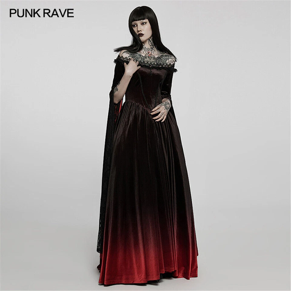 PUNK RAVE Gothic Women Gradient Color Gown Sexy Off Shoulder Lace Long Dresses - Image 2 of 4
