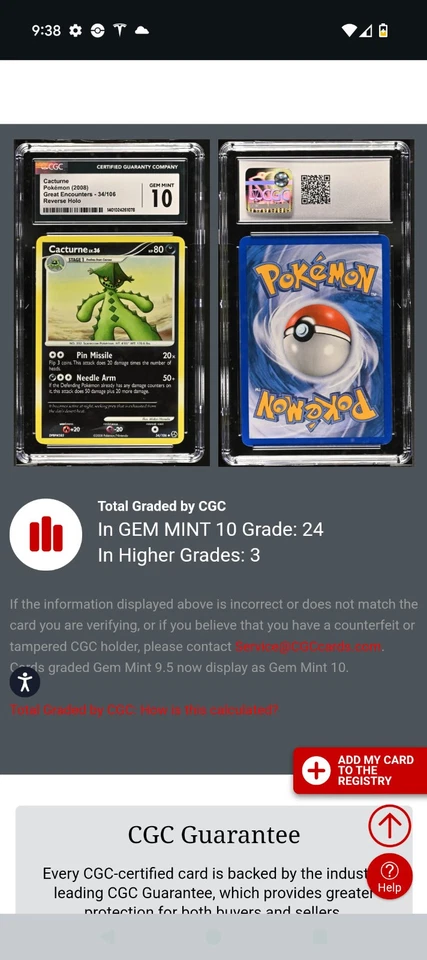 (Pop 24) Pokemon Great Encounters 34/106 Cacturne Reverse Holo CGC 10 GEM MINT - Image 4 of 4