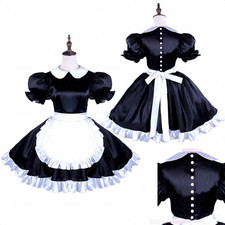 French Maid Girl Sissy Black satin sexy Dress Cosplay Costumes Tailor-made