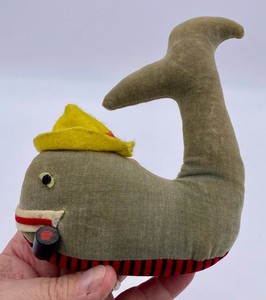 Vintage JAPAN Plush Stuffed Whale - 5" long x 6.5" tall - Felt Hat and Wood Pipe