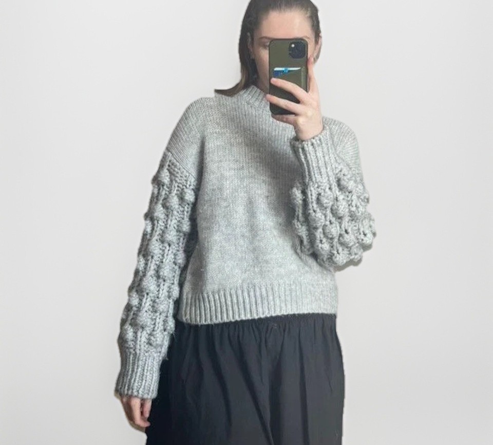 DECJUBA Grey Bobble Sleeve Cosy Winter Knit Crew Neck Sweater Jumper Size M