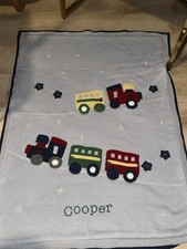 Pottery Barn Kids Heirloom Trains Baby Blanket 30X40 COOPER embroidered NWOT
