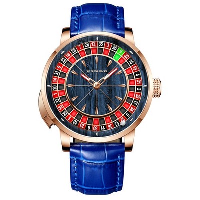 PINDU Roulette-Themed Rose Gold with Wood-Grain/Featured Dial Genuine Leather