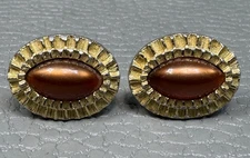 Vintage Amber Colored Lucite Yellow Gold Plated Cuff Links