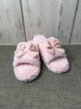 Womens Fuzzy Open Toe Pink Slippers Bow Trim Non-Slip Sole Size M 8-10