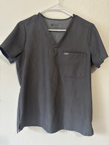 FIGS Catarina Scrub Top Women's Small Gray, Pocket V Neck, Technical Collection