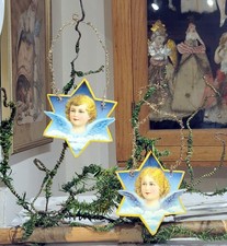 Two German Angel Busts, in Star Ornaments. 1919 Era, Silver Tinsel & Paper