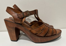 Show Time Vintage 70s size 8 wooden platform heels buckle sandals brown leather