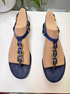 Lauren Ralph Lauren Carina Navy Leather T-Strap Thong Sandals Gold Ring Womens 8