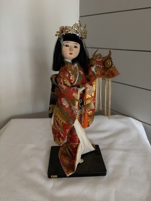 Japanese Geisha Kyoto Doll In Silk Kimono Holding Helmet 