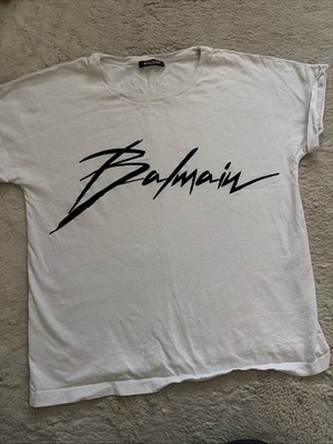 Authentic White Balmain Tee with Velvet Black Logo Size Large Rare