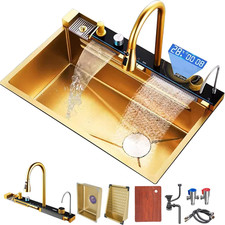 Gold LED Double Waterfall Kitchen Sink with Cup Washer  Soap Dispenser