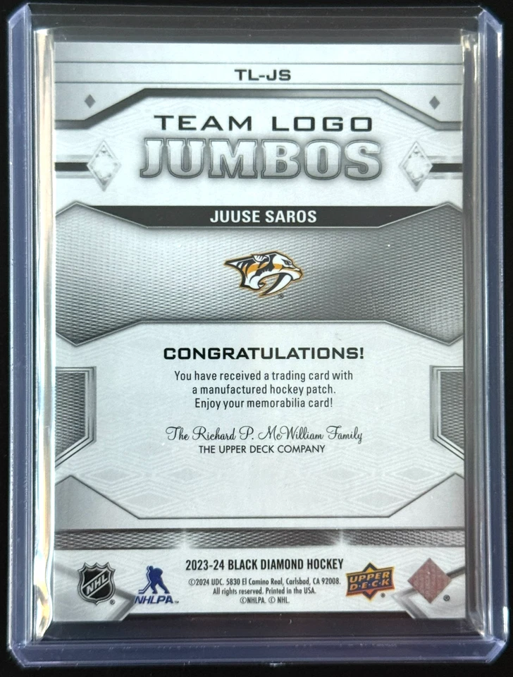 2023-24 UD Black Diamond Team Logo Jumbos Patch Juuse Saros #TL-JS Predators - Image 2 of 2