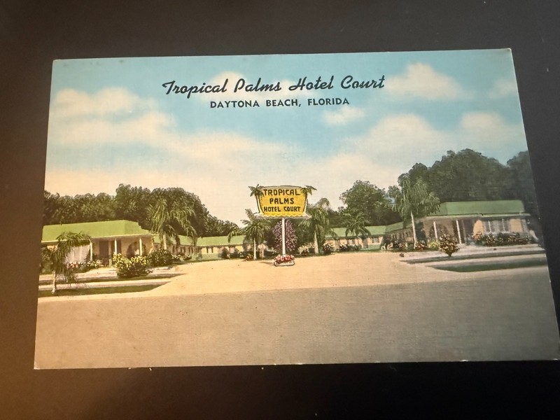 antique postcard, Tropical Palms Hotel Court, Daytona Beach, Florida