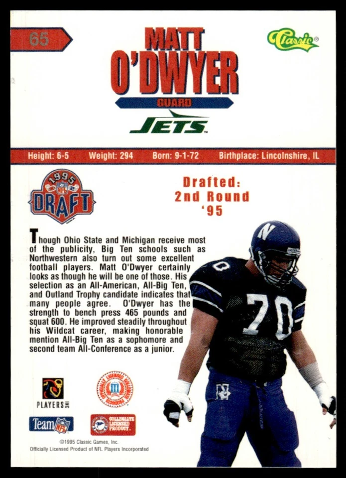 1995 Classic NFL Rookies Matt O'Dwyer New York Jets #65 - Image 2 of 2
