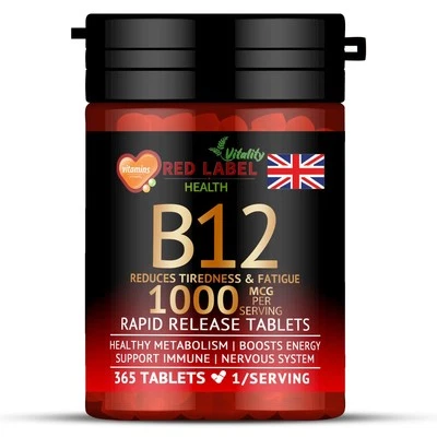 RED LABEL HEALTH Vitamin B12 1000mcg 365 Tablet - Immune system tiredness & fatigue 1 year supply