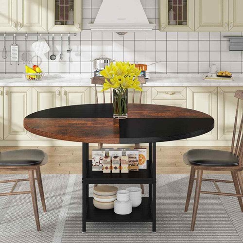 Roesler 47.25 in. Black Brown Round Wood Dining Table with Storage Shelf,Seats 4
