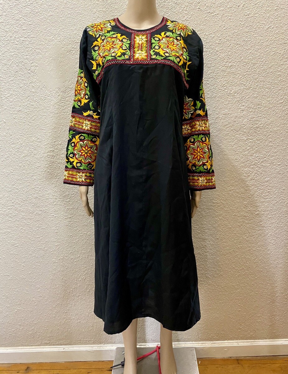 RARE 60s Indian Black Silk Multicolor Hand Embroidered BOHO Tribal Tunic  Dress