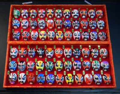 Beijing Opera Facial Makeup Porcelain Masks Display - 66 Masks in Display Case!