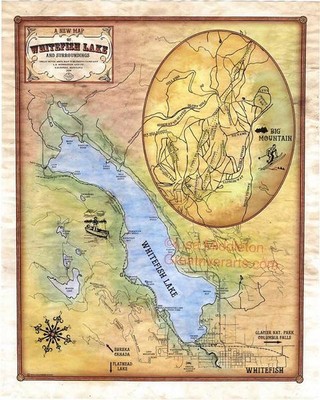 135 Whitefish Lake, Montana vintage historic antique map painting poster print