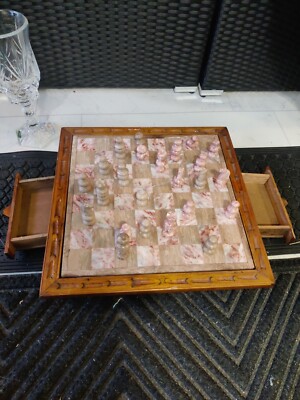 Vintage Marble And Wood Chess Set with Marble Carved Pieces -Complete-