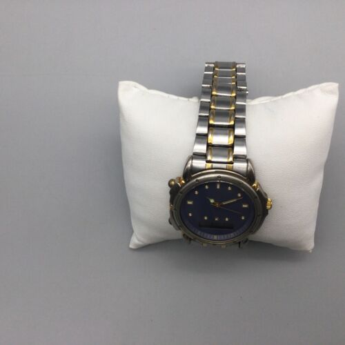 Vtg Berenger Watch Men 34mm Silver Gold Tone Blue Dial New Battery 8.25" - Picture 3 of 14