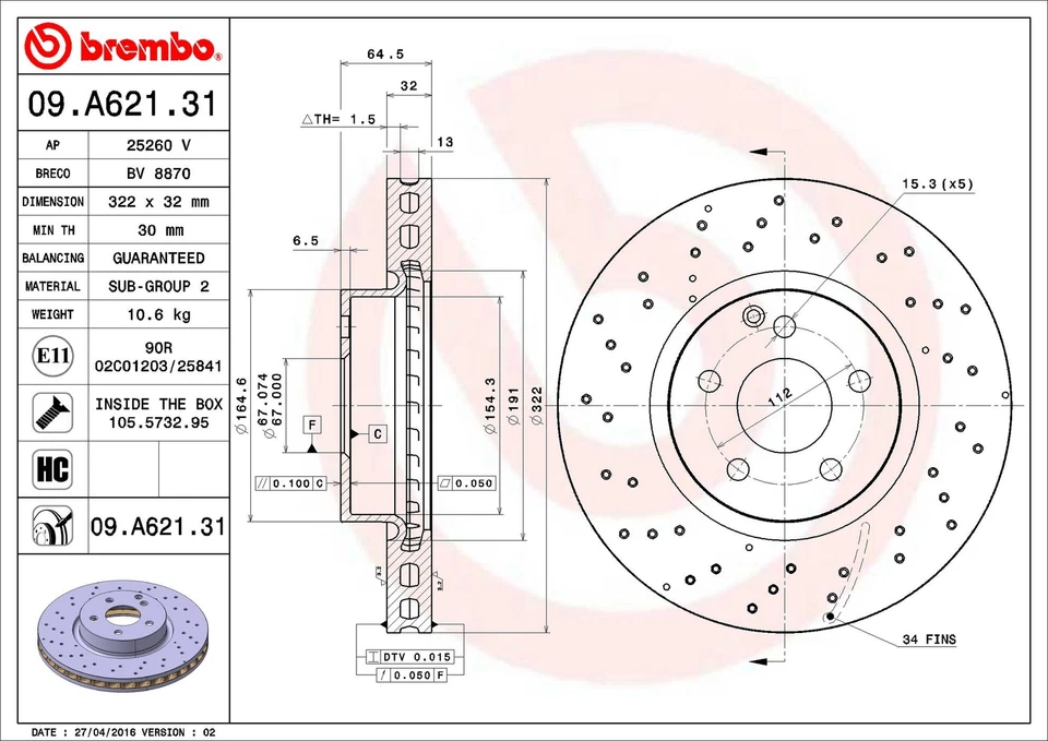 Rotor de freno de disco delantero Brembo 09.A621.31 322 mm para Mercedes-Benz E400 2013-2017 Foto 2 de 3